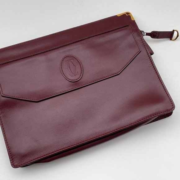 Must De Cartier Paris Women Burgundy Bordeaux Leather Clutch Bag Purse Authentic - Picture 2 of 11